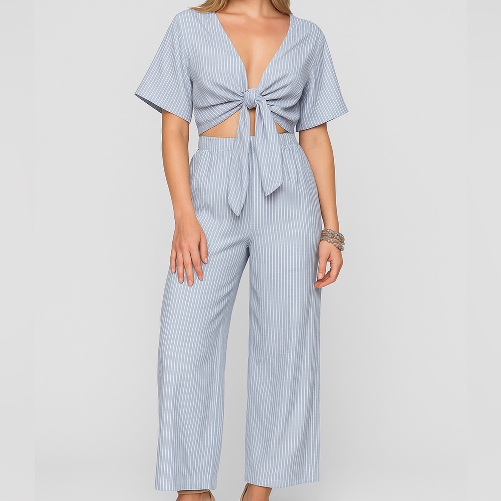 🆕🩵BuddyLove Ilene Striped Cropped Jumpsuit XS Blue White Summer Boho Resort Wear